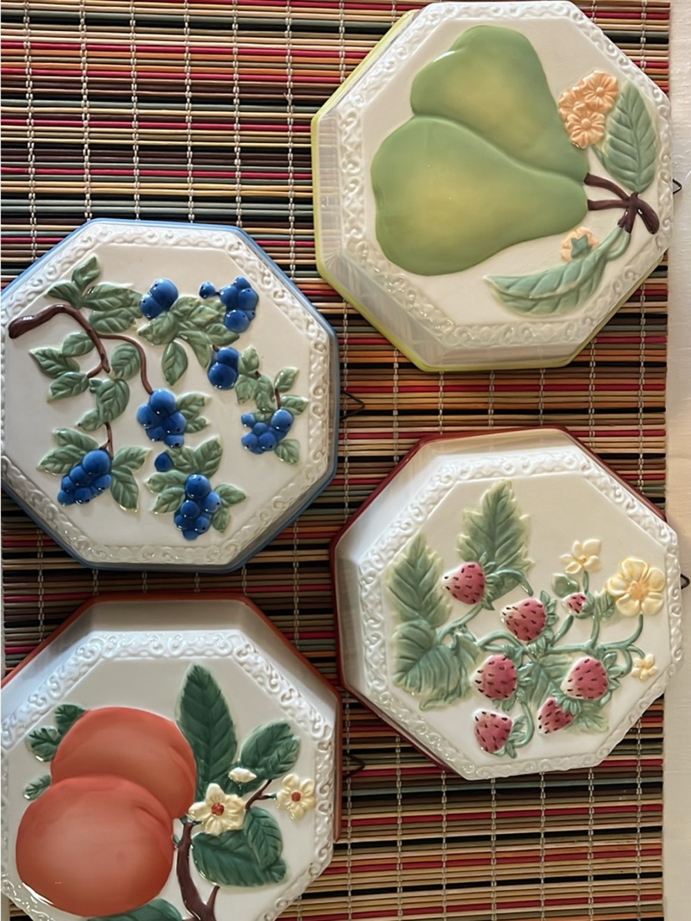 Botanical Ceramic Wall Plaques - Fruit Motif Set (Green, Blue, Peach, Pink)